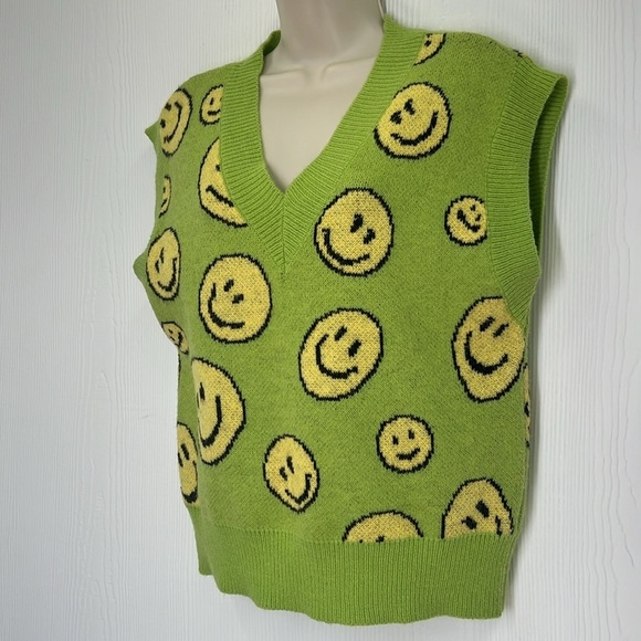Forever 21 - Happy Times Green With Yellow Smiley Faces Knit Vest Size Small - Picture 5 of 9